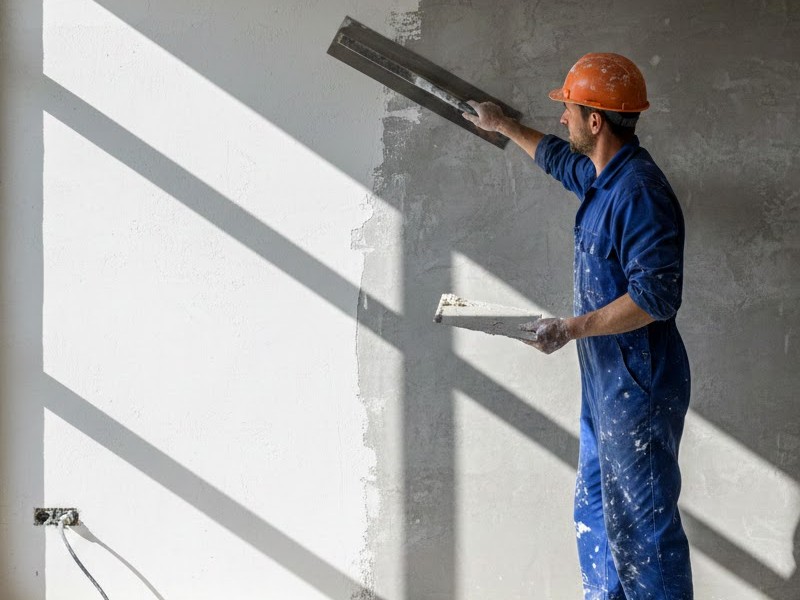 Мастер штукатурит стену