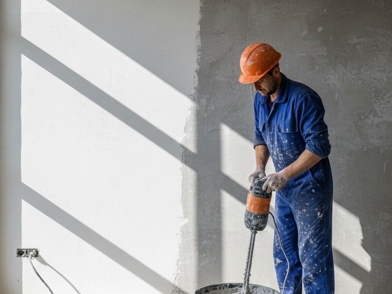 Отделочник замешивает штукатурный раствор