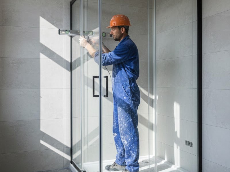 Мастер устанавливает душевую кабину