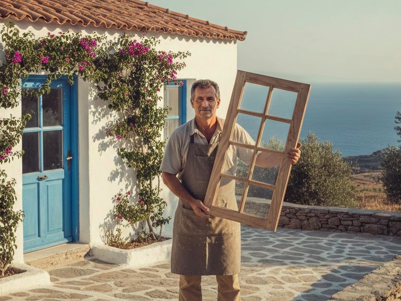 Мастер держит в руках окно