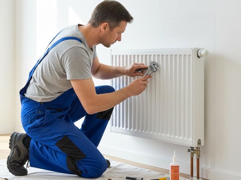 Мастер устанавливает радиатор отопления