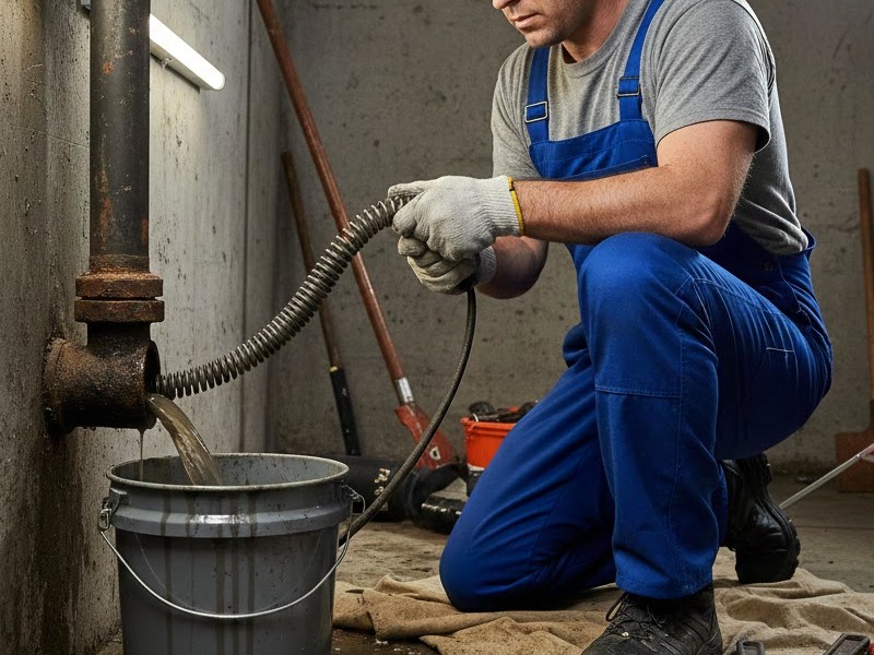 Мастер пробивает канализацию