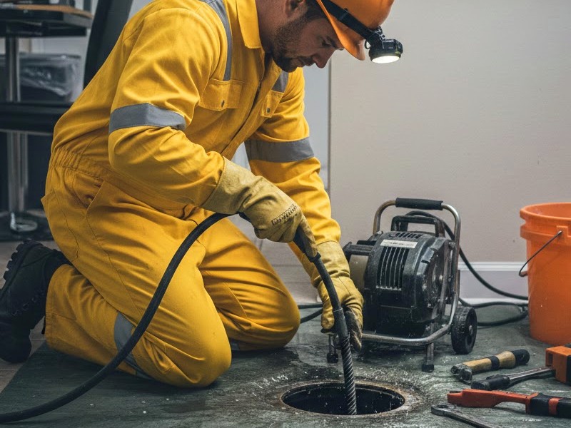 Сантехник чистит канализациию оборудованием