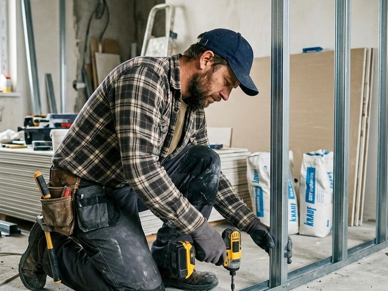 Мастер делает каркас для перегородки гкл