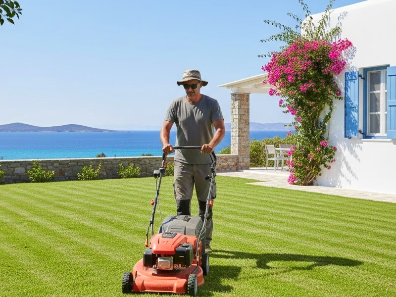 Мужчина ухаживает за газоном