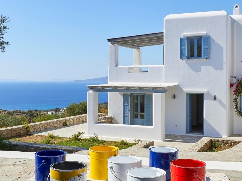 Строительная краска на фоне виллы в Греции