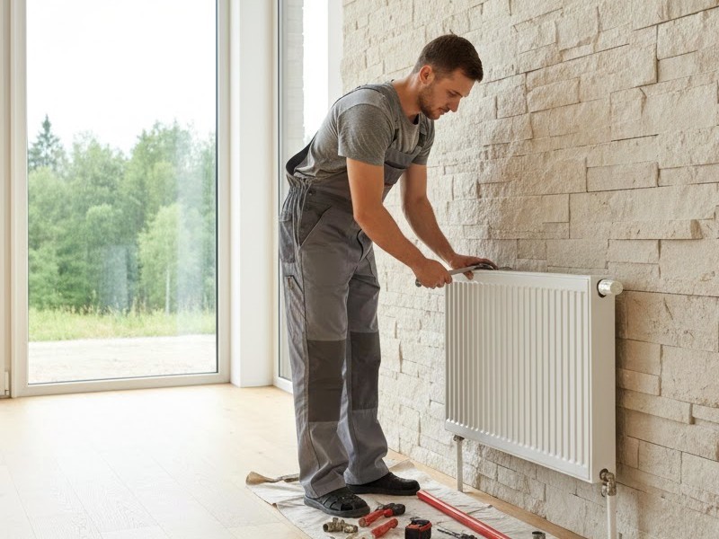 Мастер устанавливает радиатор отопления