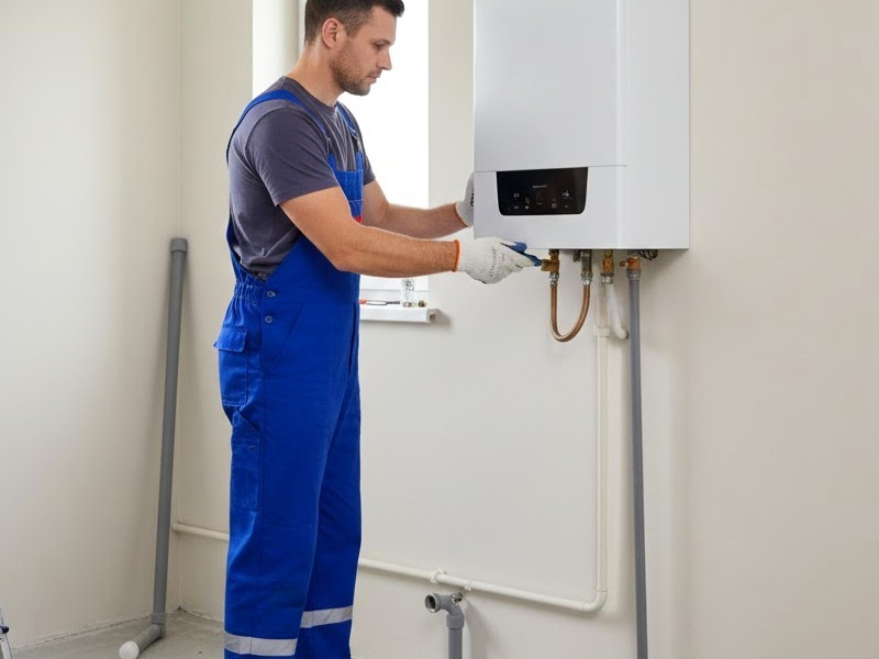 Мастер устанавливает котёл отопления