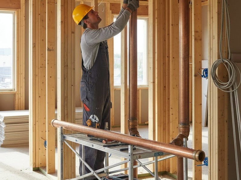 Мастер устанавливает канализационную трубу в доме