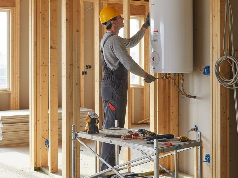 Сантехник устанавливает бойлер в доме