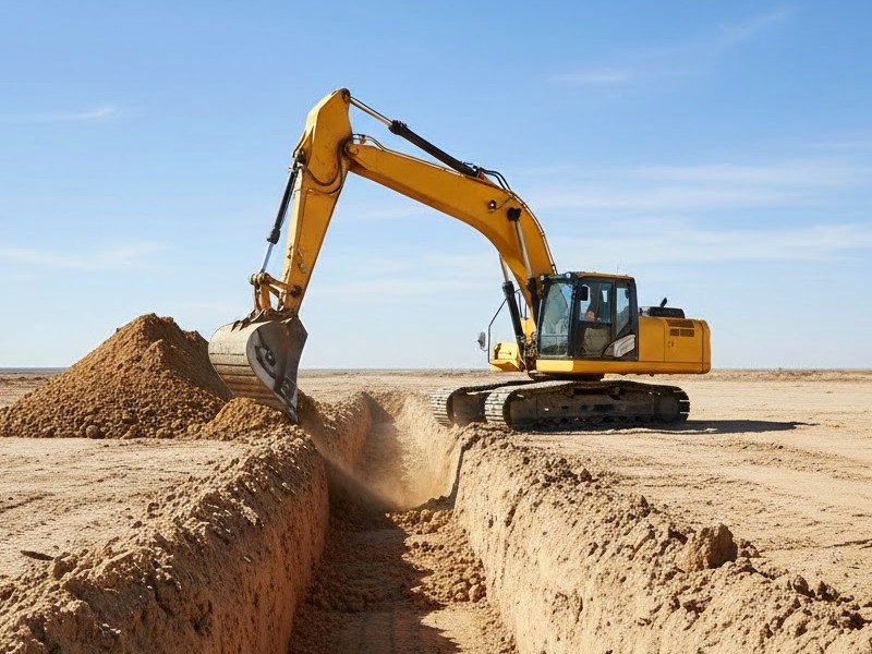 Экскаватор роет траншею