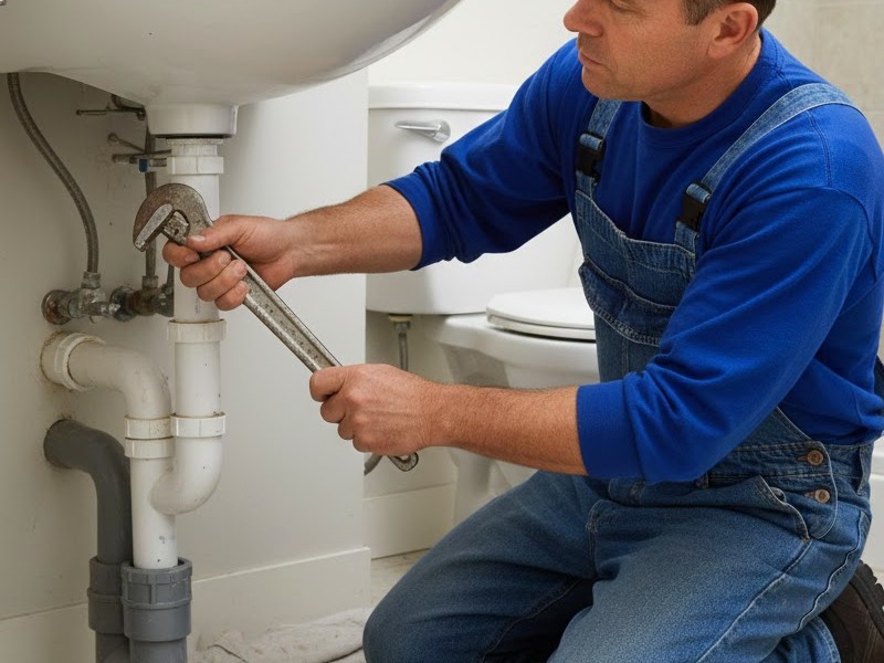 сантехник устанавливает трубу канализации