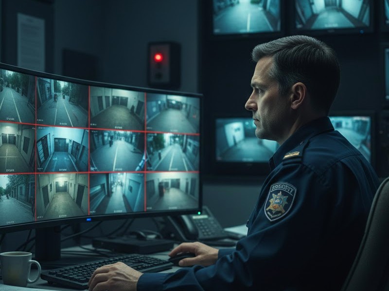 Охранник мониторит камеры наблюдения