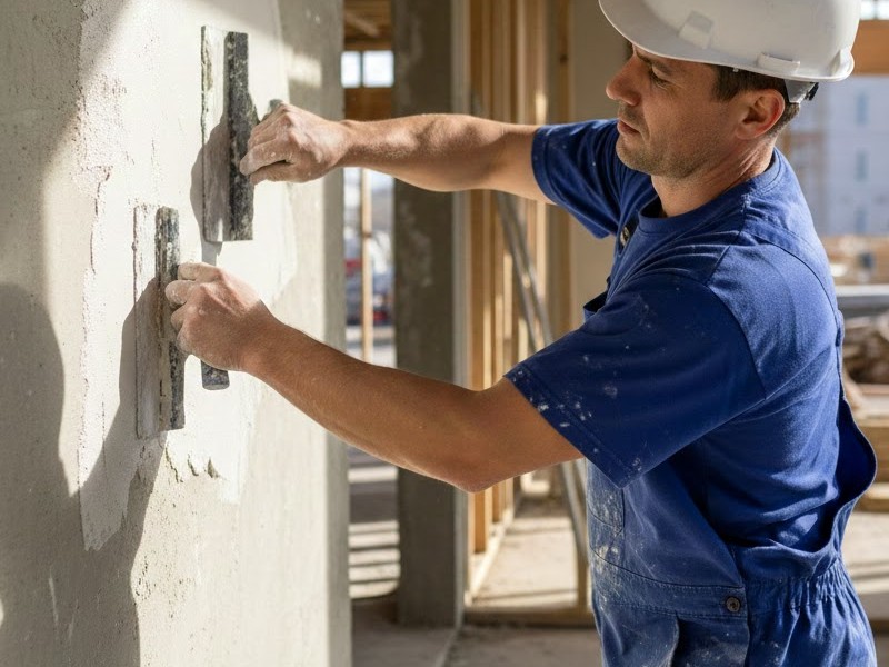 Отделочник шпаклюет стену