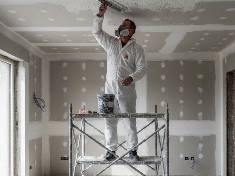 Мастер шпаклюет потолок